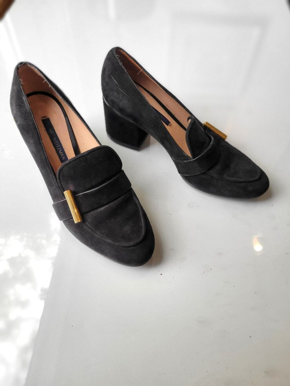 Stuart Weitzman Womens The Preston Cylinder Pump Loafer Black Suede Heel Size 6